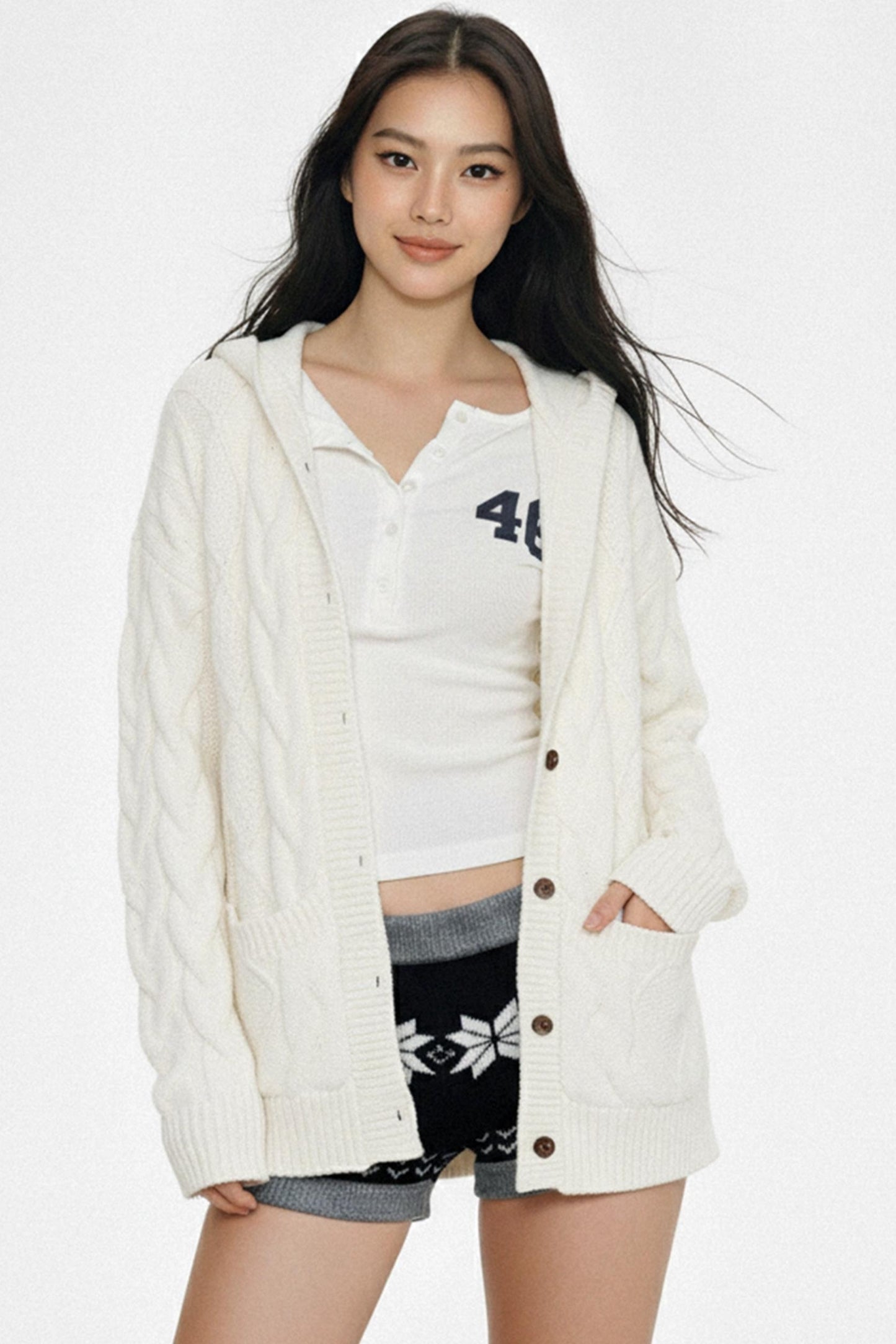 White Twist-Knit Hooded Cardigan