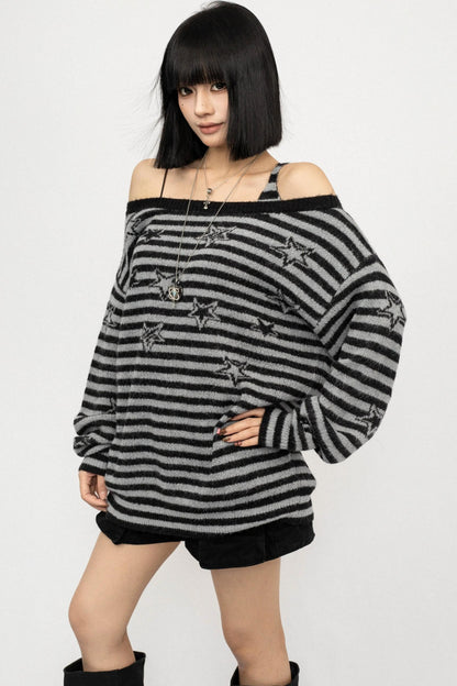 Striped One-Shoulder Knitted Sweater