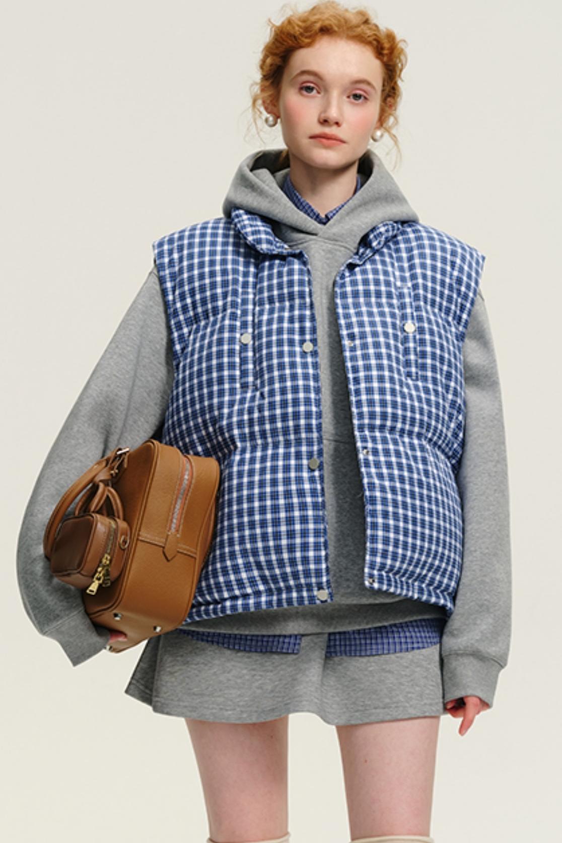 Korean Blue & White Checkered Down Vest