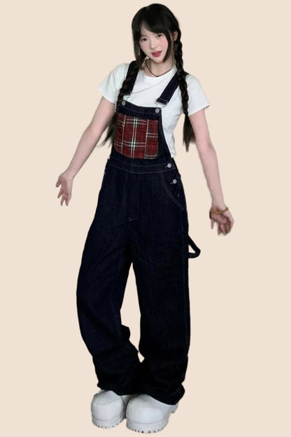 EZEK Original-Design amerikanische Retro lose Latzhose Karo-Nähte Frauen Herbst neue lässige Hose mit weitem Bein Trend