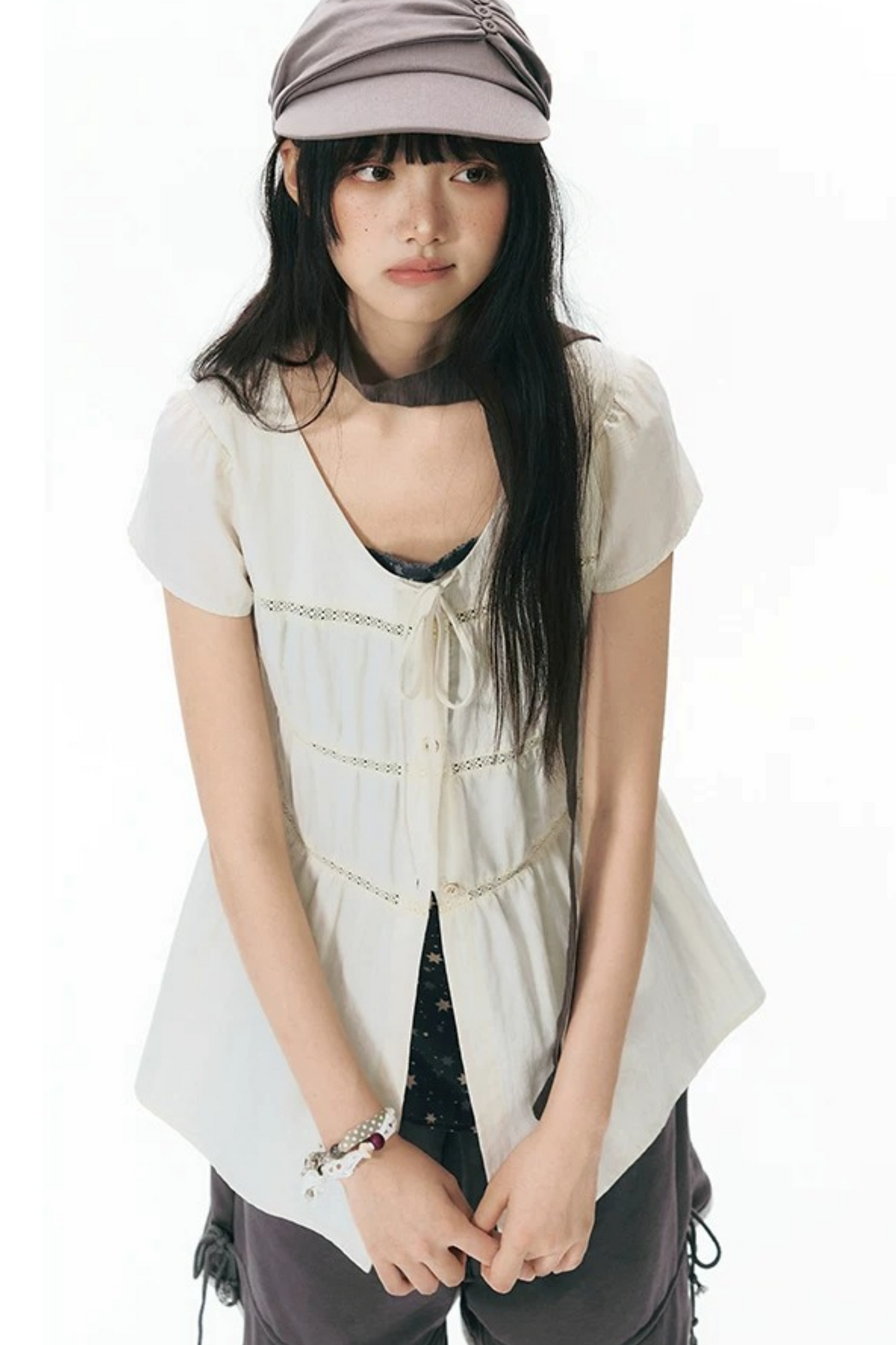 Star Print Layered-Look Short-Sleeve Shirt