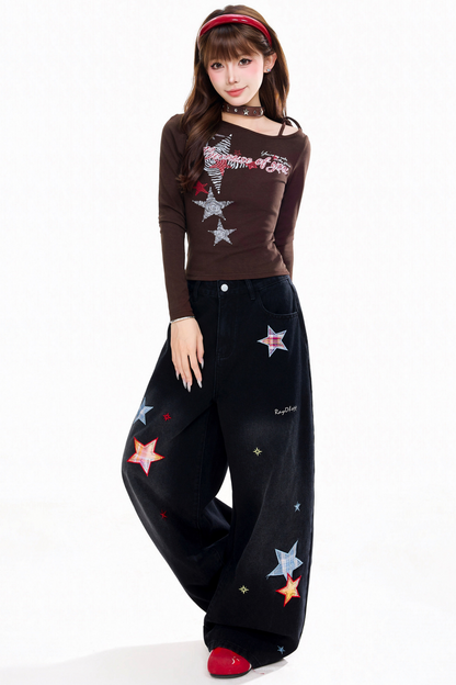 Retro Star Patch Wide-Leg Pants