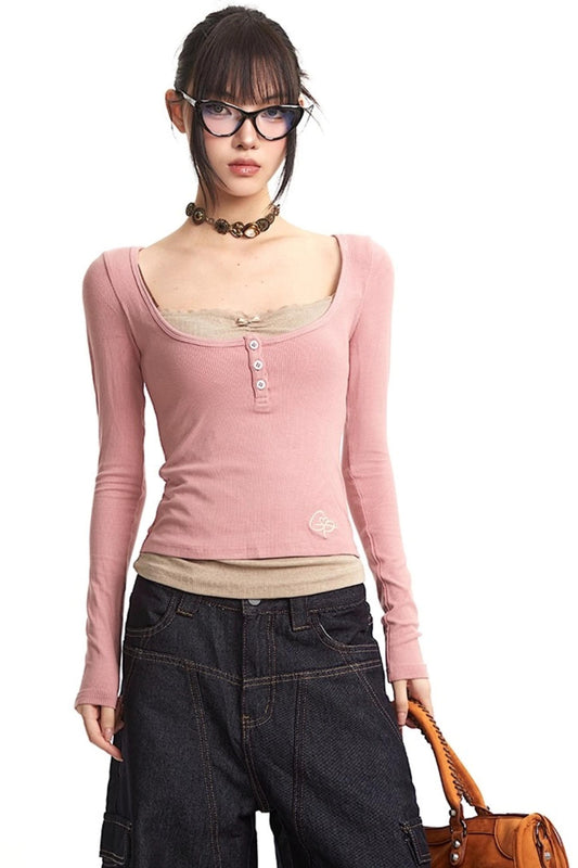 Slim Fit Fake Two-Piece Long Top