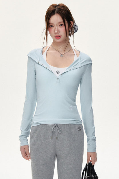 후드 긴팔 슬림핏 셔츠 