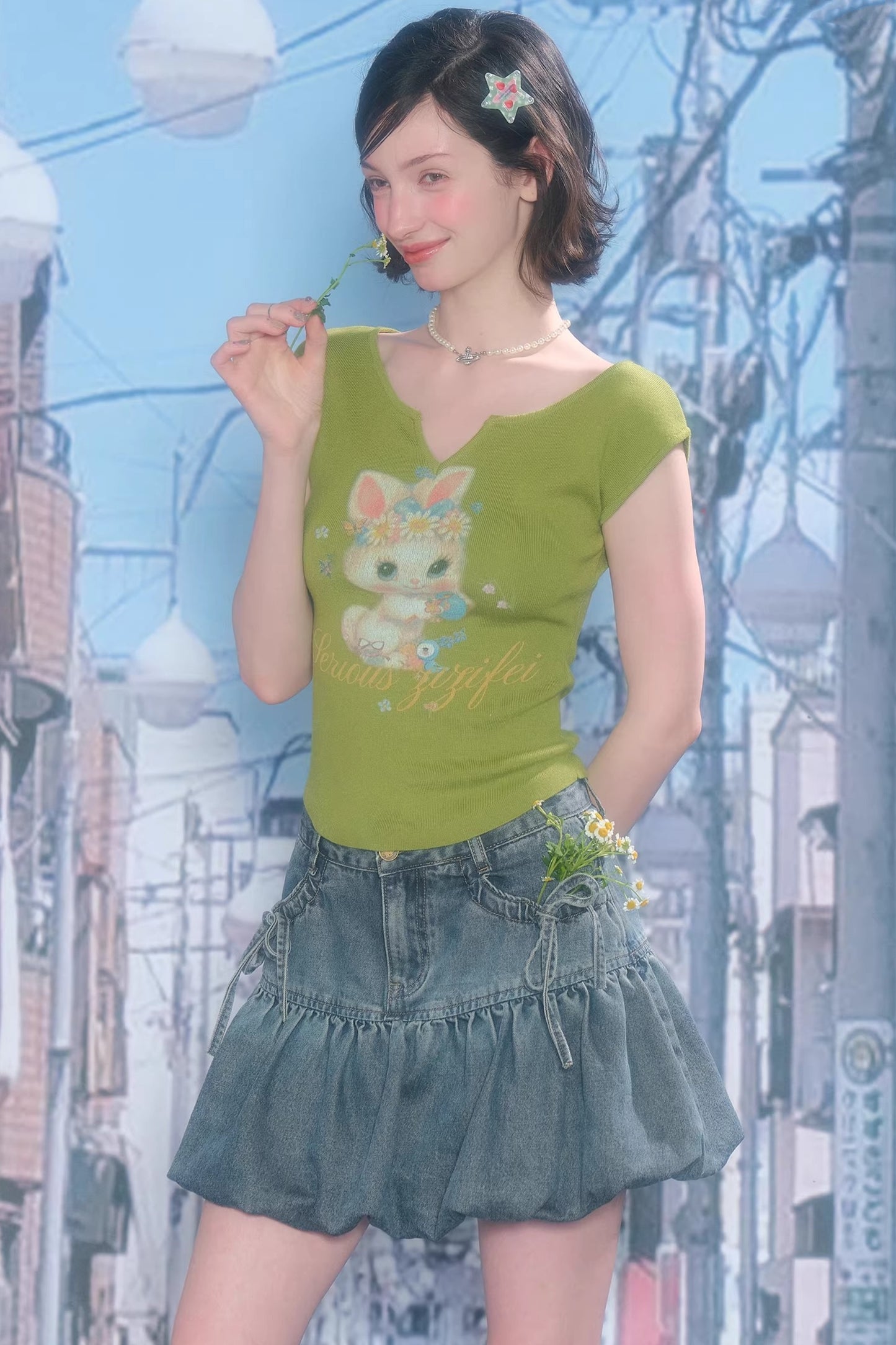 Green Rabbit Print Top