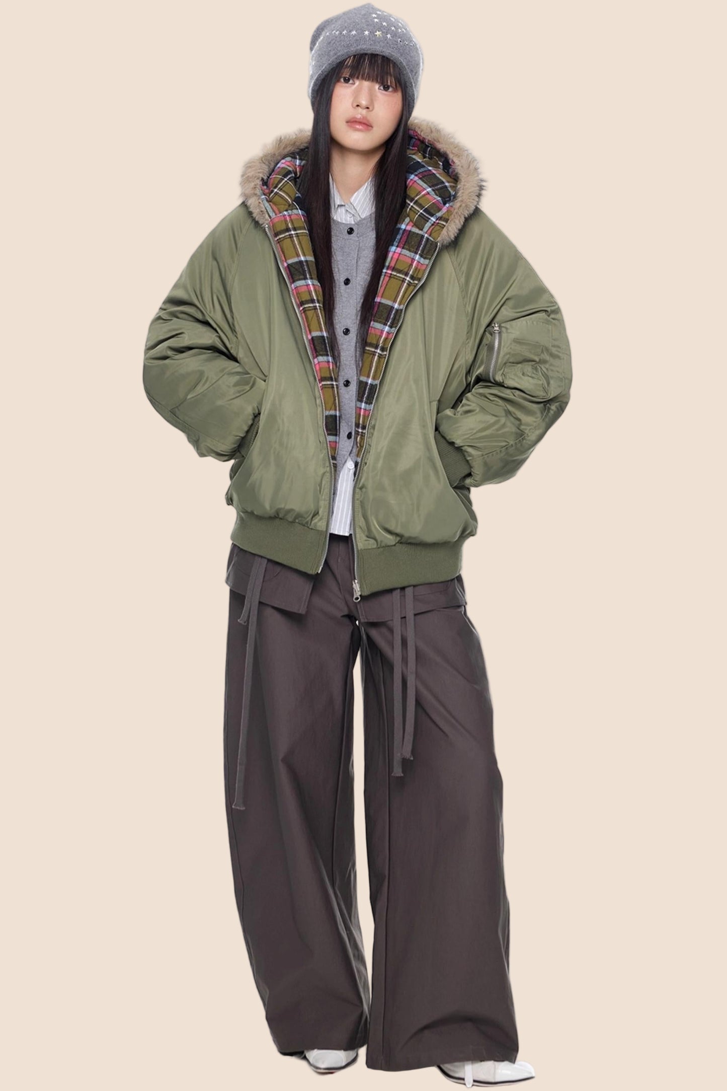 Fur Collar Plaid Parka Jacket