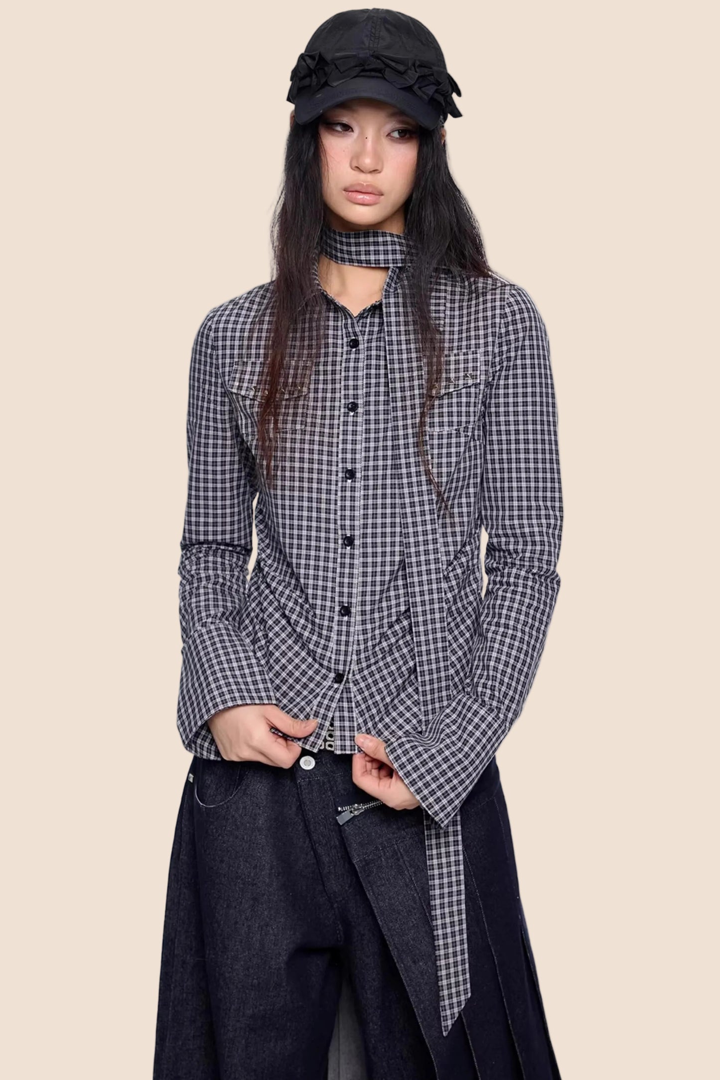 Plaid Retro Lace-Up Shirt