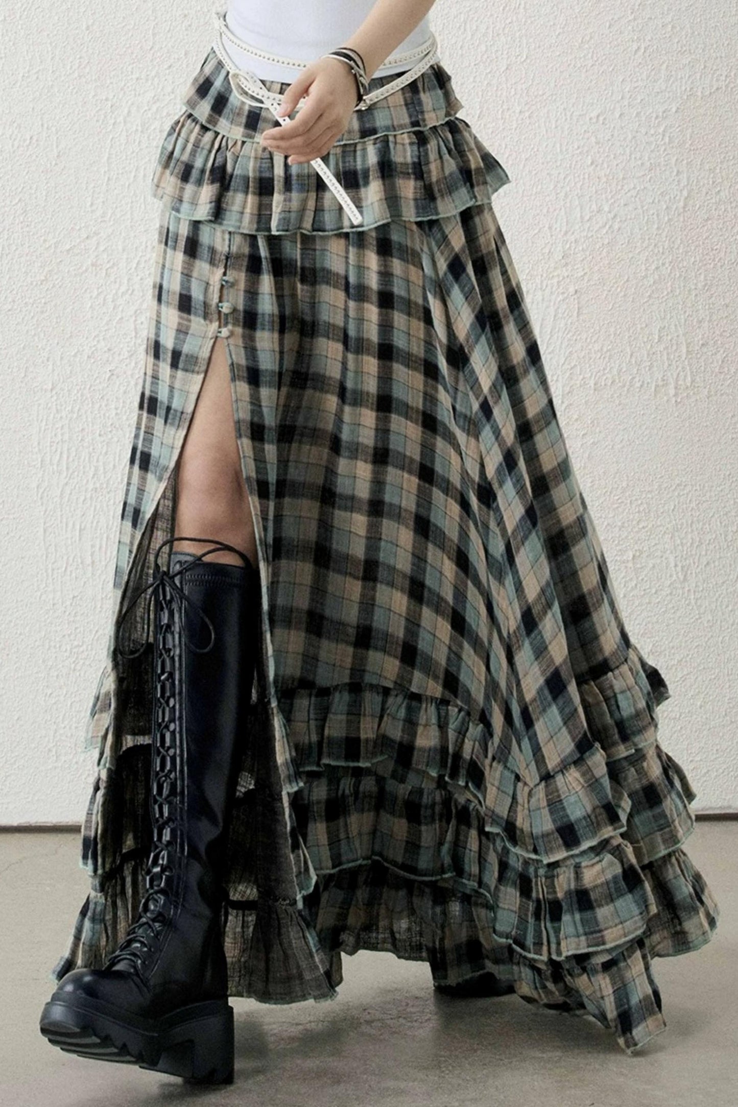 Gray-Green Plaid Ruffled Skirt