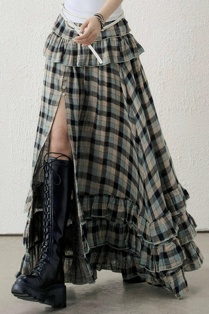 Gray-Green Plaid Ruffled Skirt