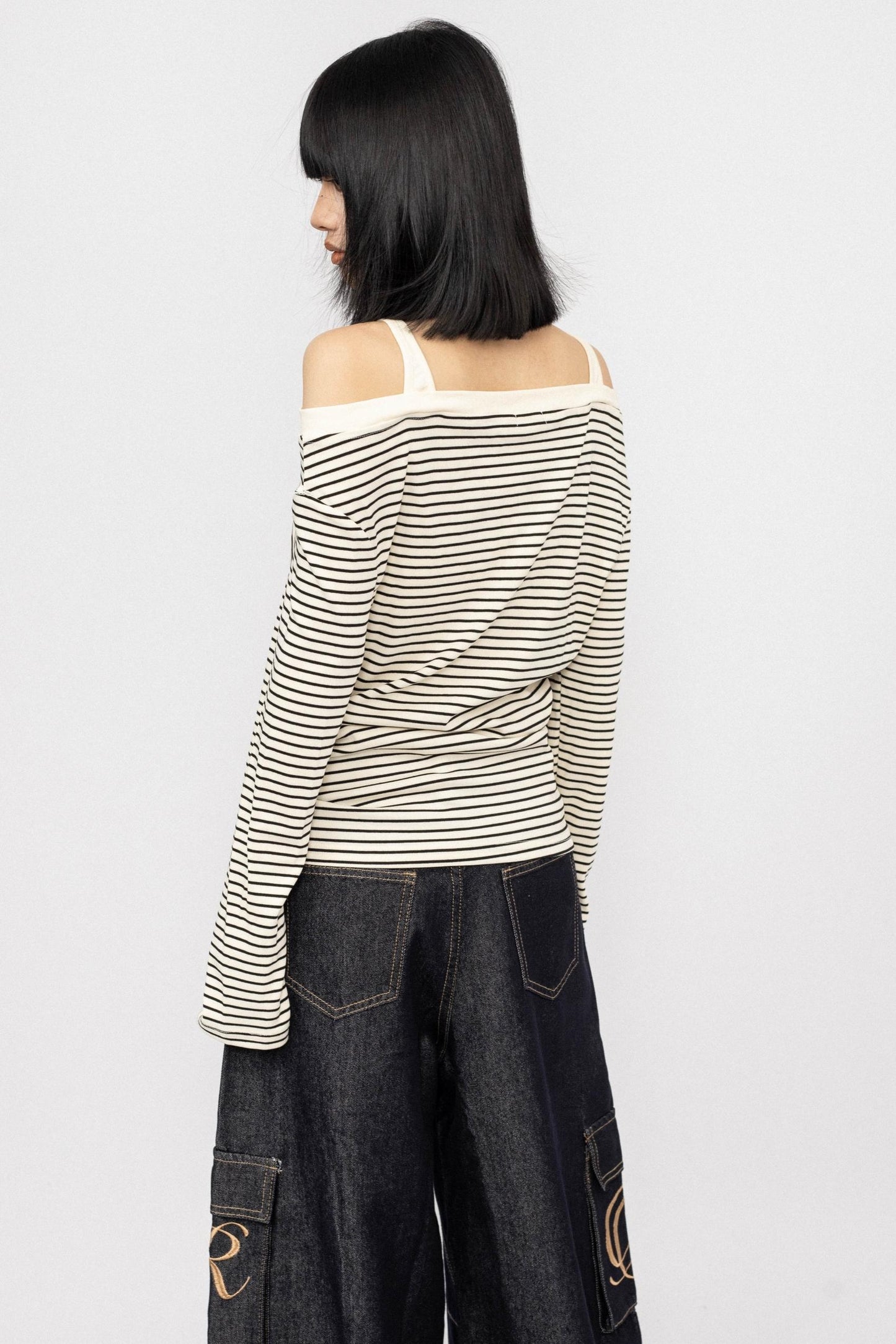 Striped Long Sleeve One Shoulder T-Shirt