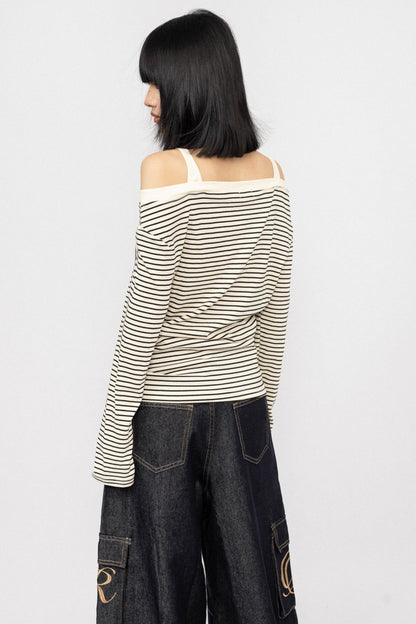 Striped Long Sleeve One Shoulder T-Shirt