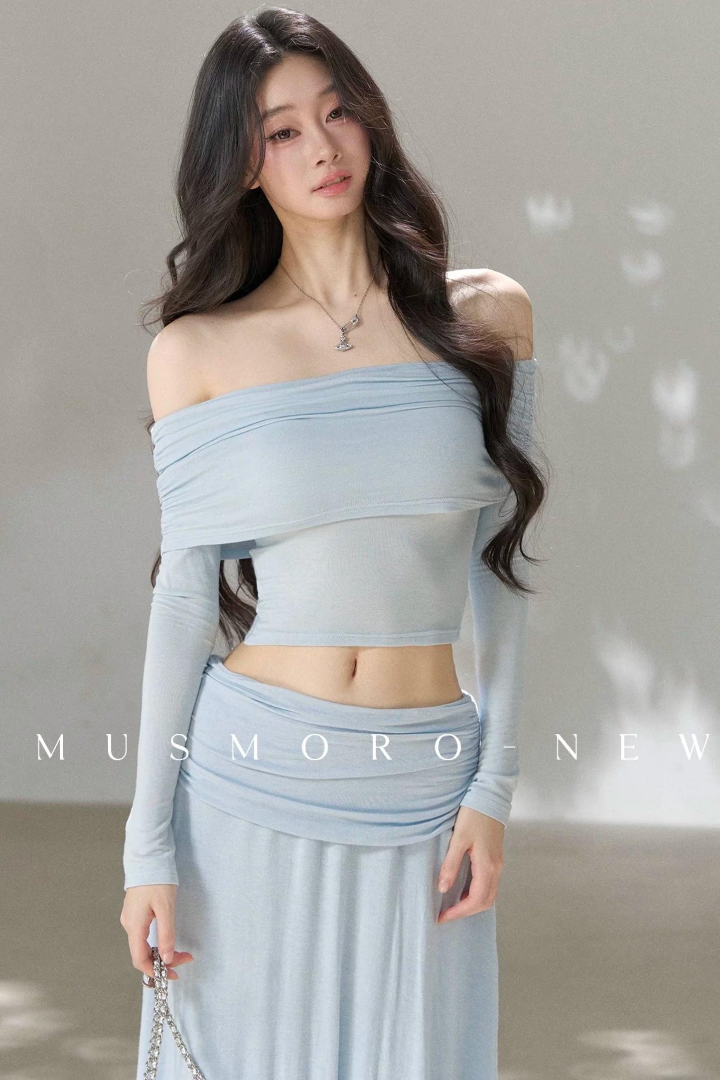 Pleated One-Shoulder Knit and Skirt Set-Up