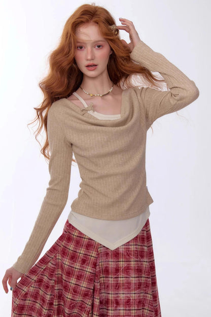 Swing Collar Fake Two Pieces Slim Top