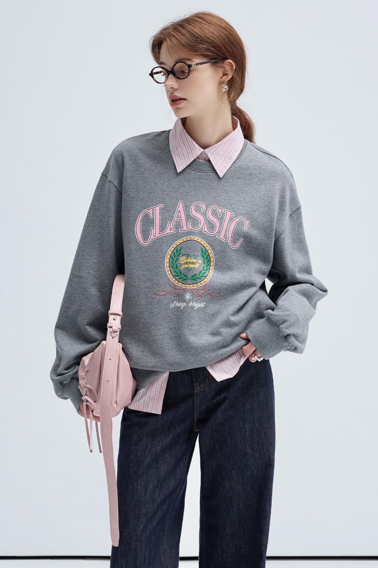 RETRO PREPPY PRINT CREW NECK SWEATSHIRT