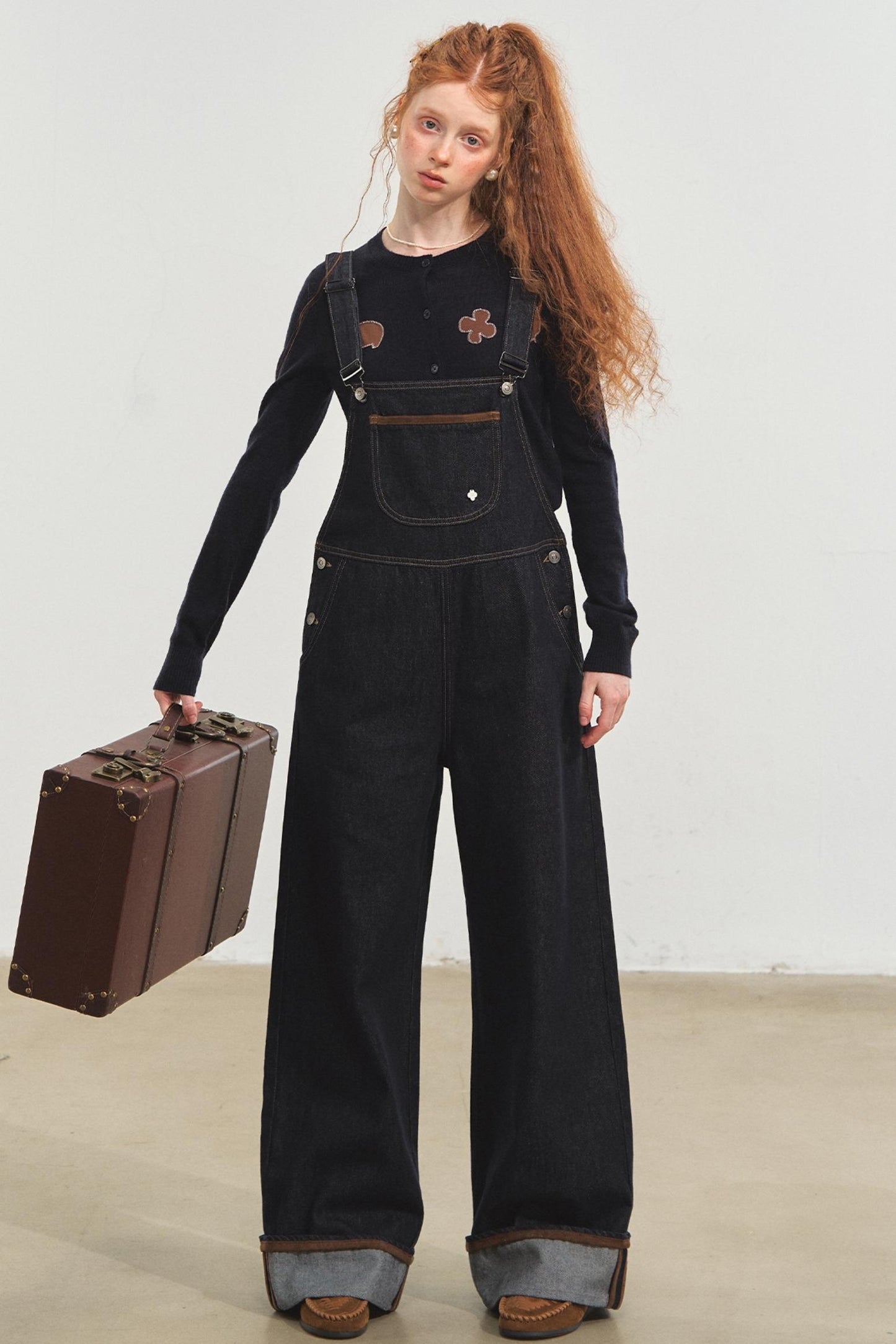 Dark Blue Denim Cuffed Overalls Pants