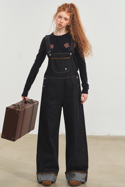 Dark Blue Denim Cuffed Overalls Pants