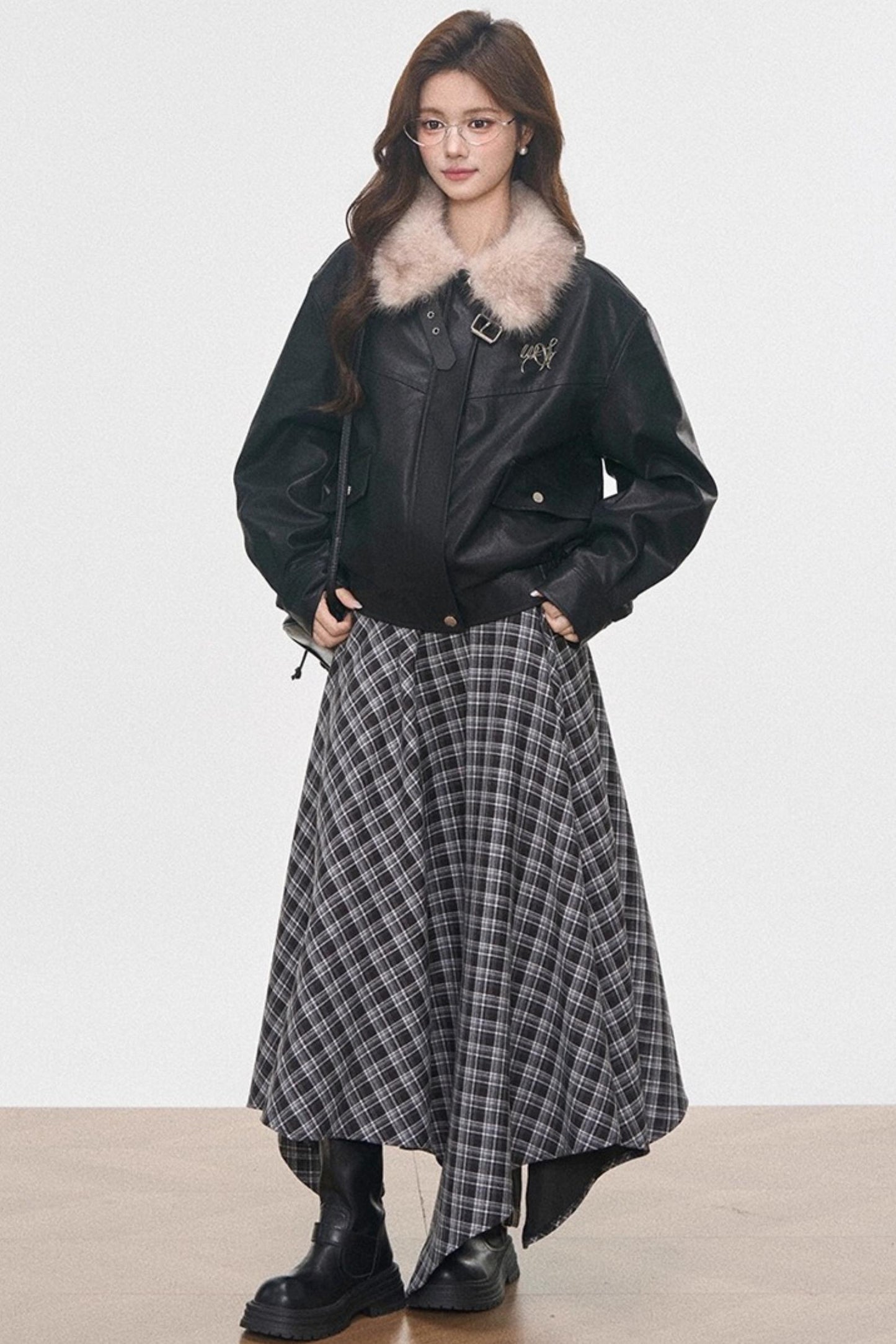 Black Leather Fur Collar Jacket Set-Up