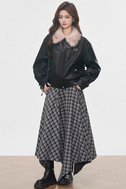 Black Leather Fur Collar Jacket Set-Up