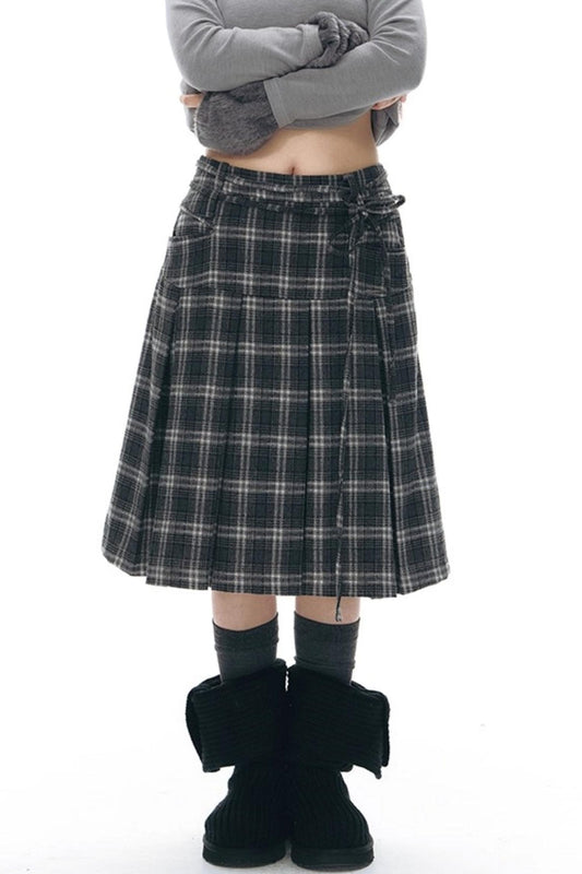 Double Waist Plaid Woolen Pleated Midskirt