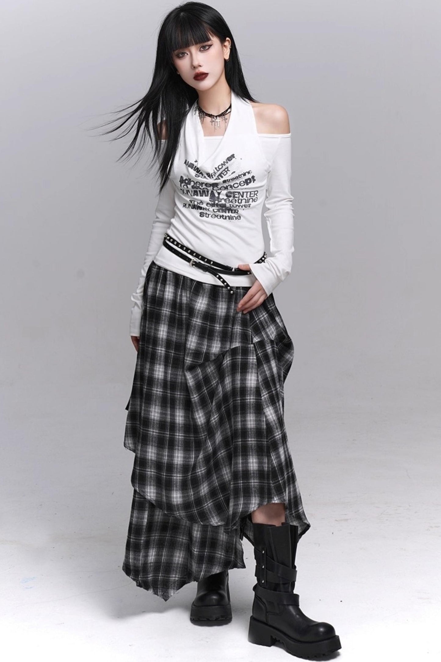 Gray Black Plaid Pleated Skirt