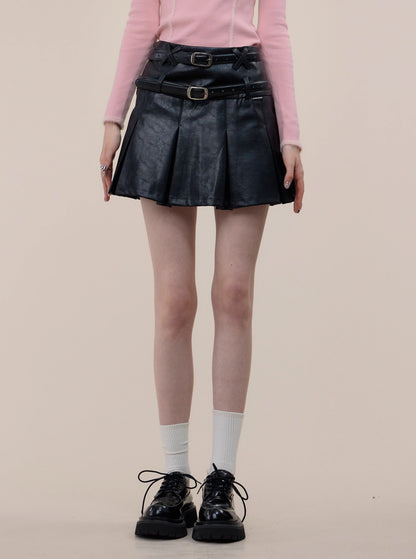 American pleated A-line PU leather skirt