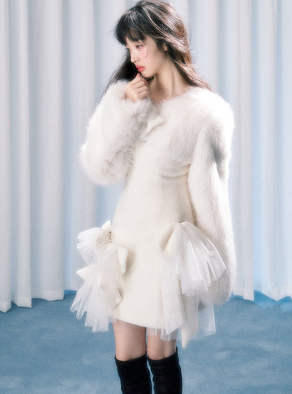White thick fur short Coat set