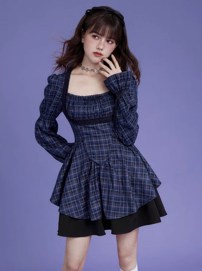 Dark Blue Grid Long Sleeve Slim Dress