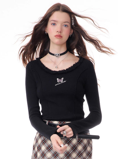 Butterfly embroidery slim thin knitted base shirt