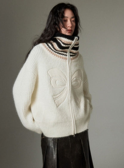 Vintage high-neck knitted cardigan coat