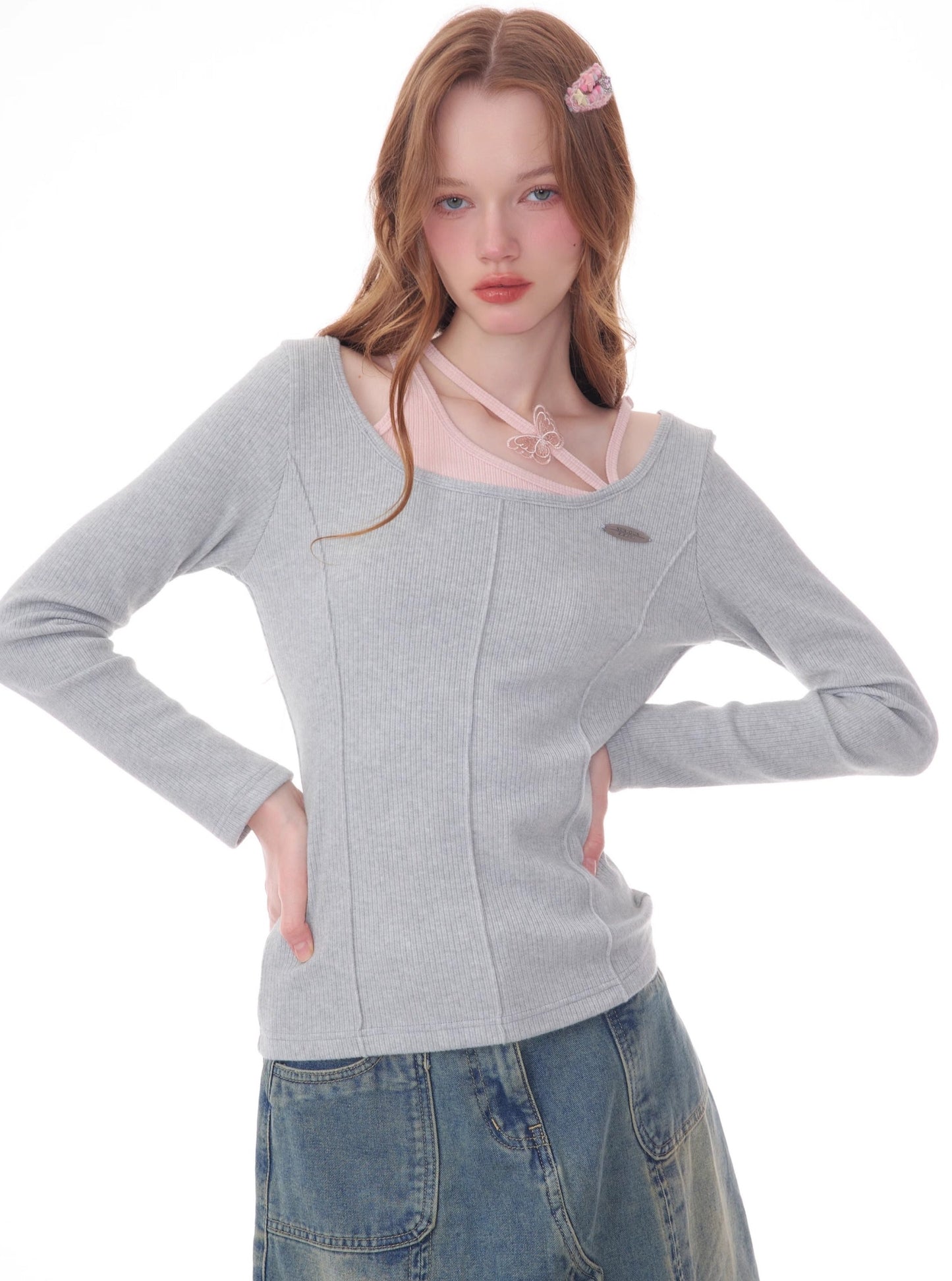 Retro long sleeve top slim knitted base T-shirt