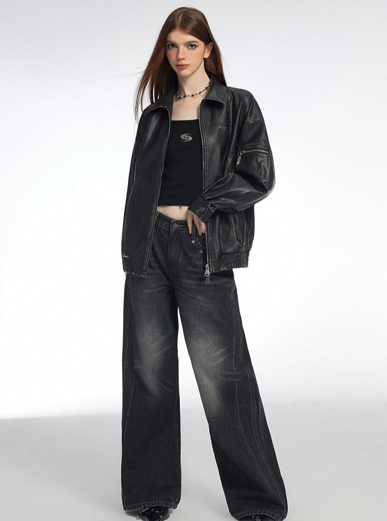 Whiskers Wide Leg Loose Mop Jeans Pants