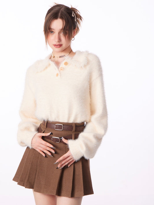 Lazy fringe polo collar sweater