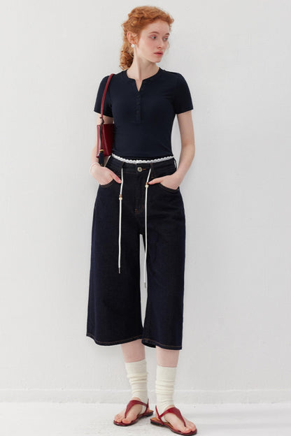 Lace-Detail Denim Culottes Pants