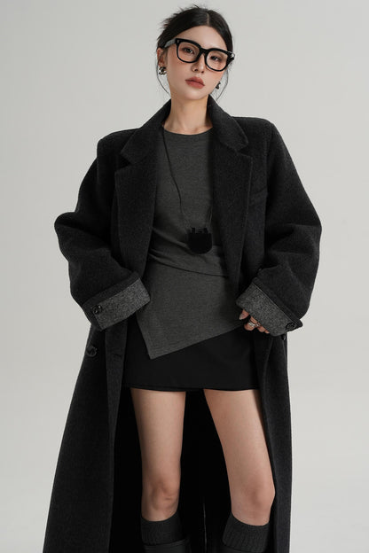 Turn-Sleeve Suit Collar Long Wool Coat