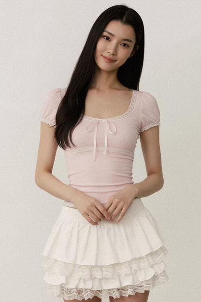 Pink Lace Puff Sleeve Top