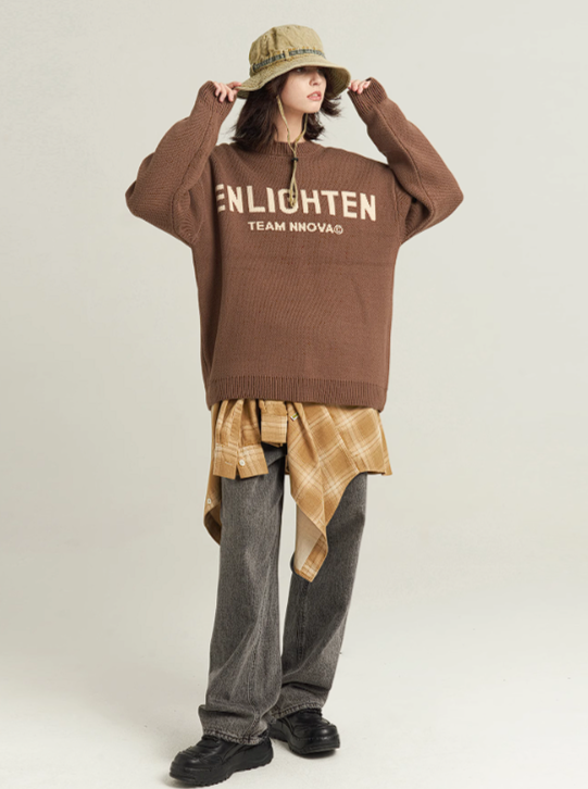 Basic letter crewneck sweater coat