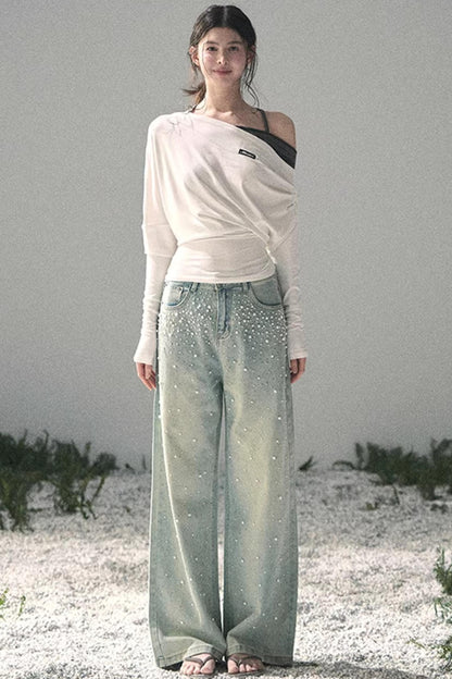 Pantalon en jean bleu clair perlé