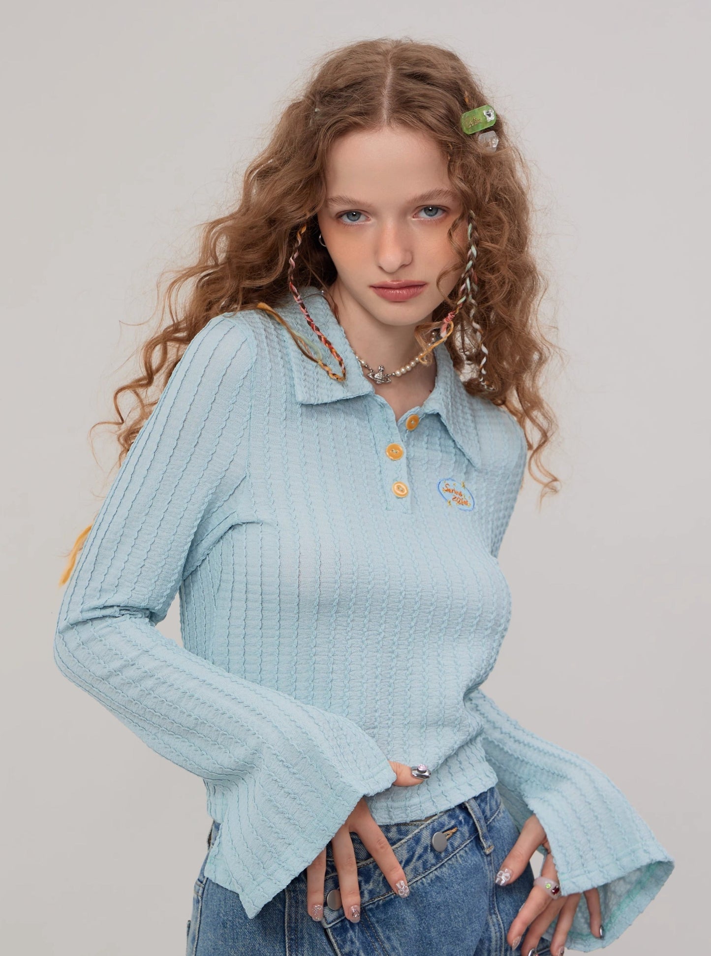 American embroidered flared sleeves knitted T-shirt