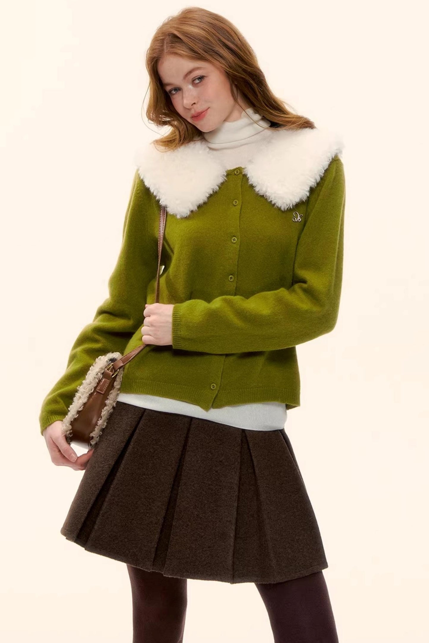 Wool Detachable Fur Collar Cardigan