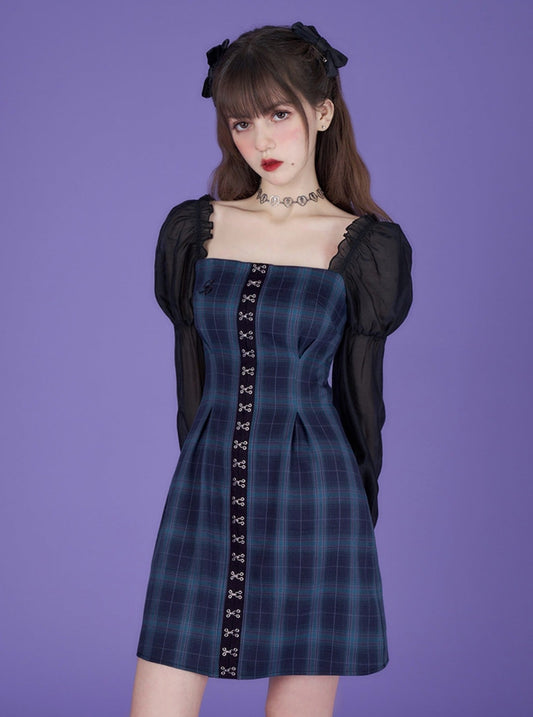 dark blue French long-sleeved dress