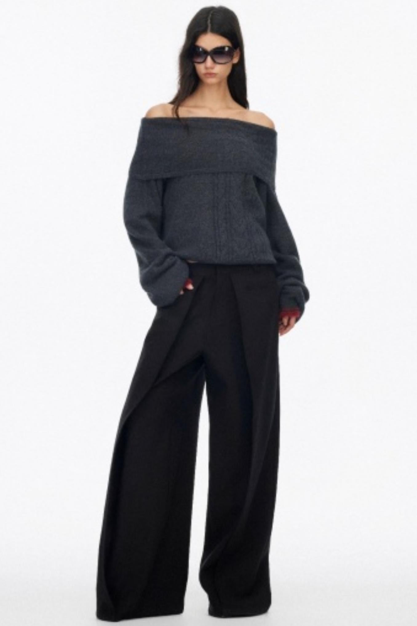 Off-Shoulder Color-Blocked Knit Sweater