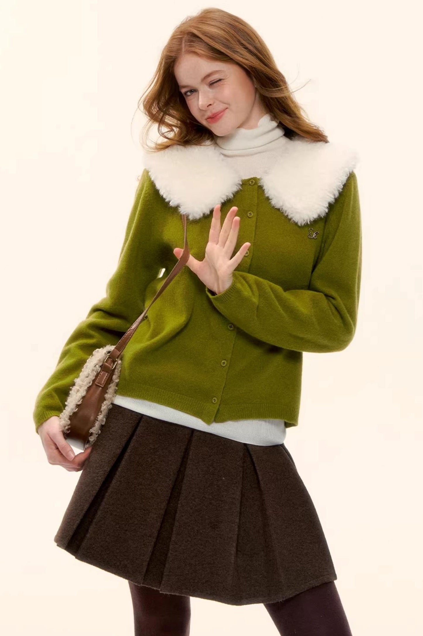 Wool Detachable Fur Collar Cardigan