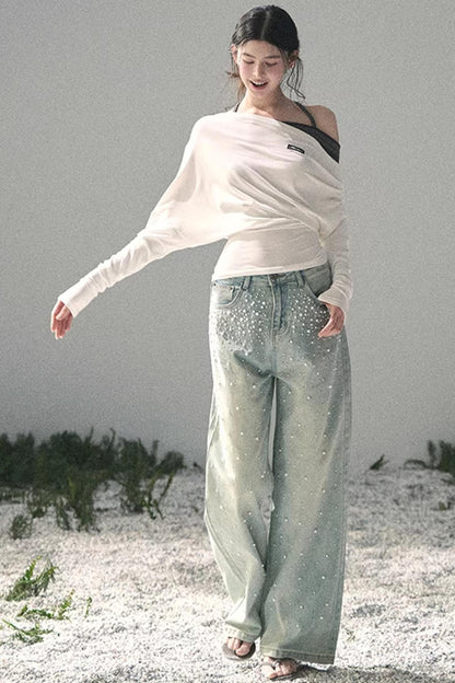 Pantalon en jean bleu clair perlé