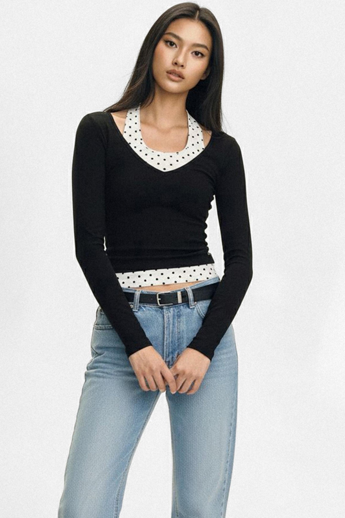 Polka Dot V-Neck Layered T-Shirt Set