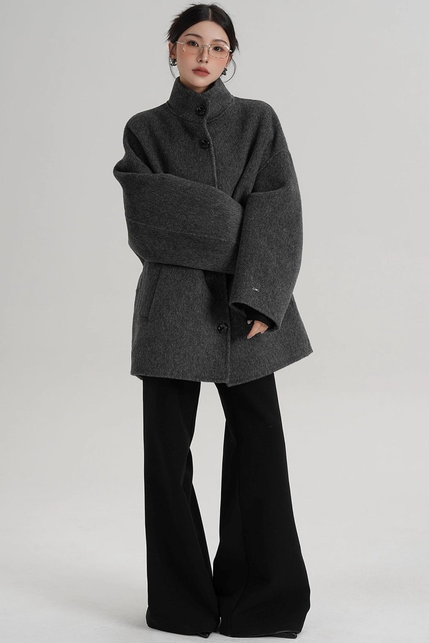 Stand-Up Collar Loose Sleeve Wool Jacket