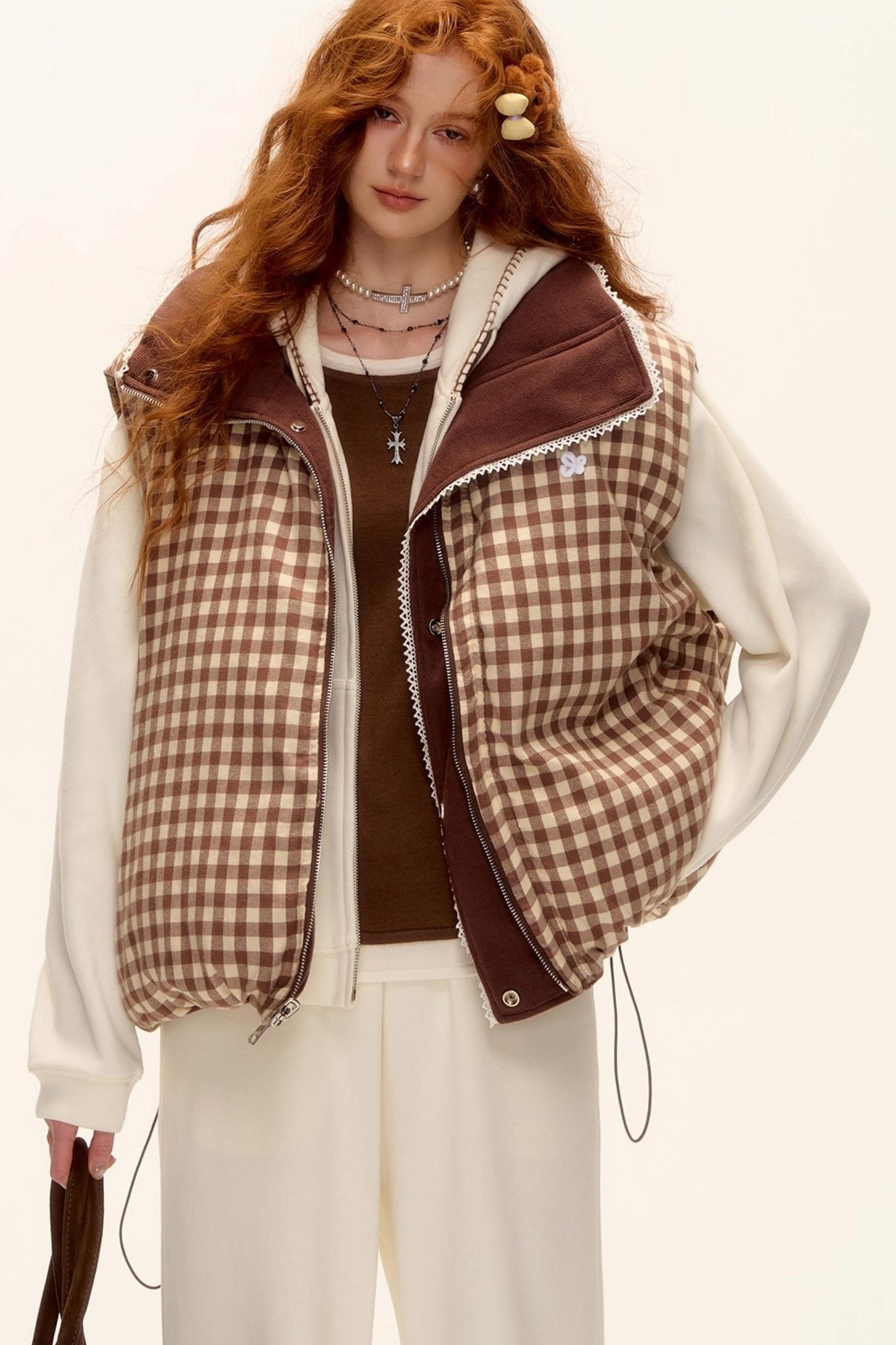 Reversible Plaid Lace Vest Jacket