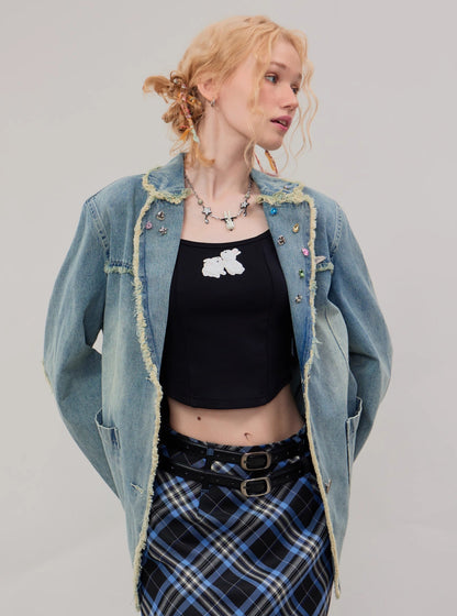 American vintage diamond denim blazer jacket