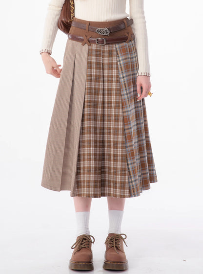 Paneled plaid midi thick tweed pleated skirt