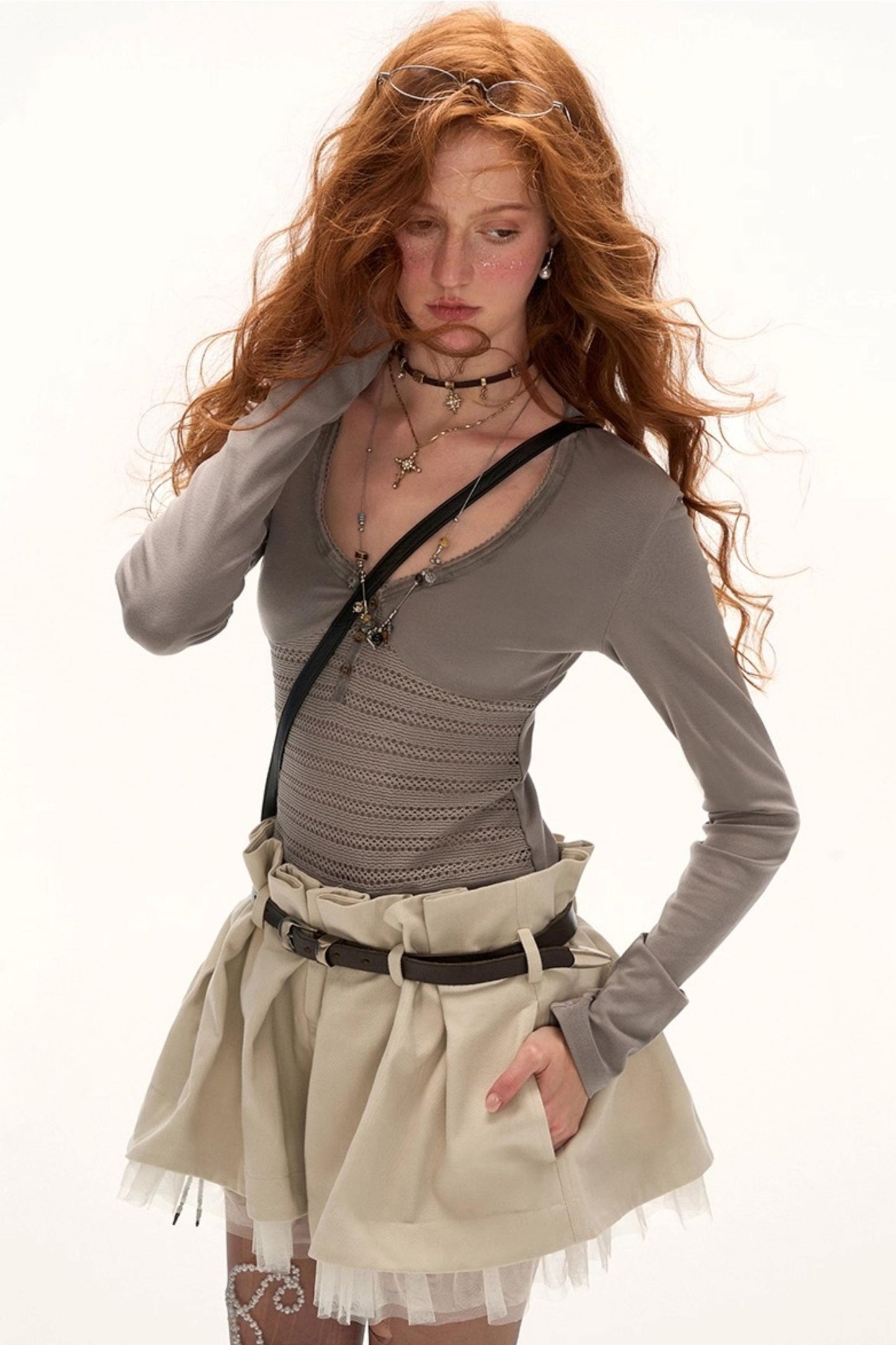 Patchwork V-Neck Long-Sleeved T-Shirt