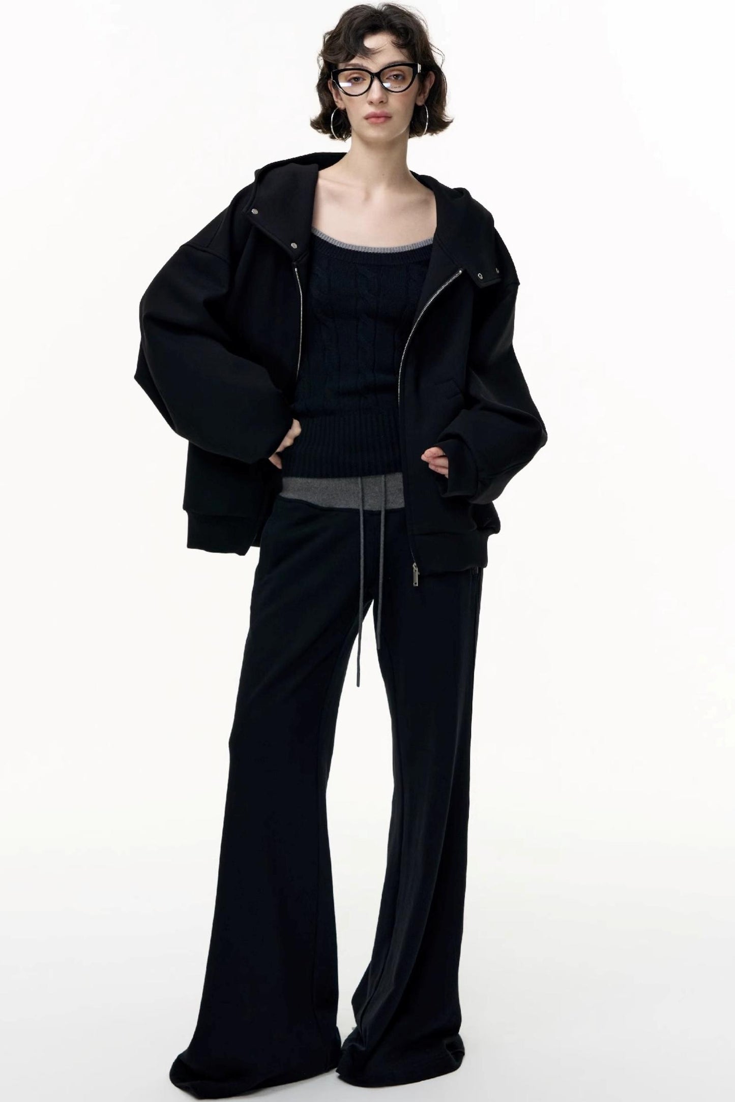 Drawstring Cotton Flared Sweatshirt Slacks